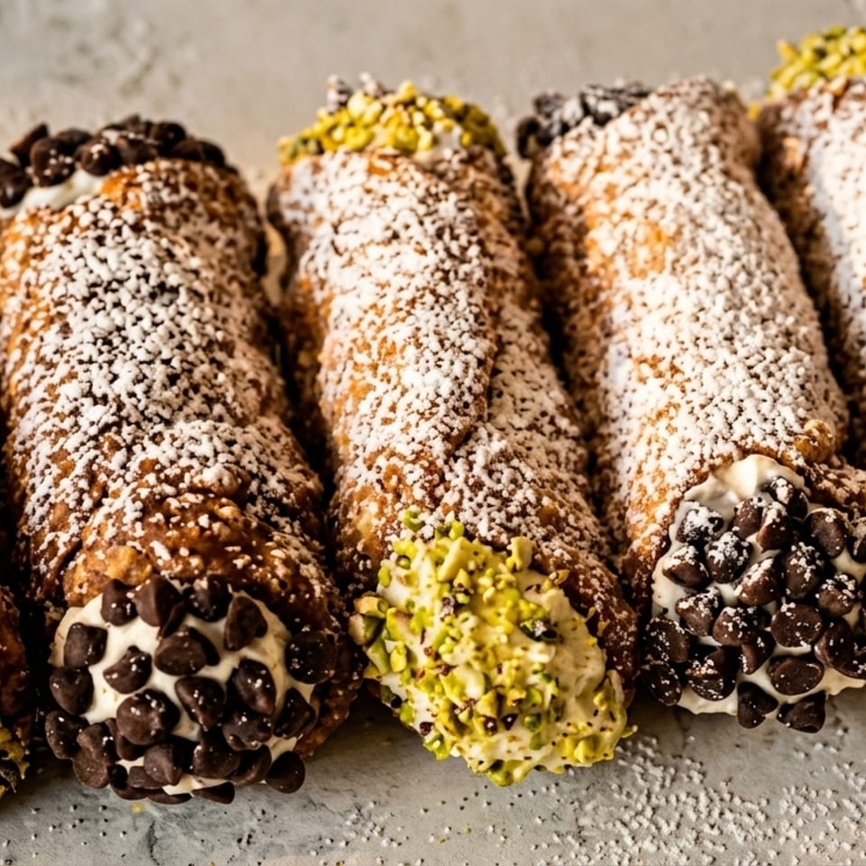 A row of cannoli dusted with powdered sugar, some with chocolate chips, others with pistachios.