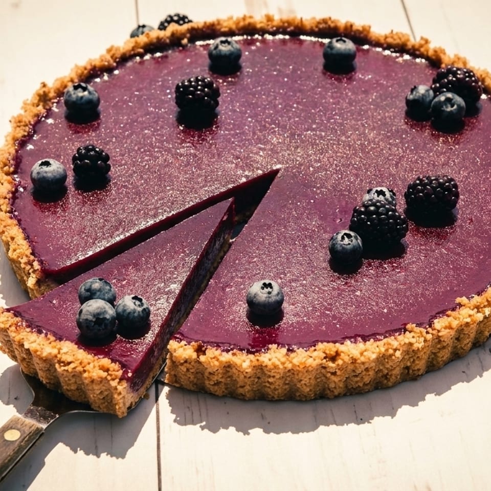 Berry tart with a slice removed, garnished with fresh blueberries and blackberries on a white wooden surface.