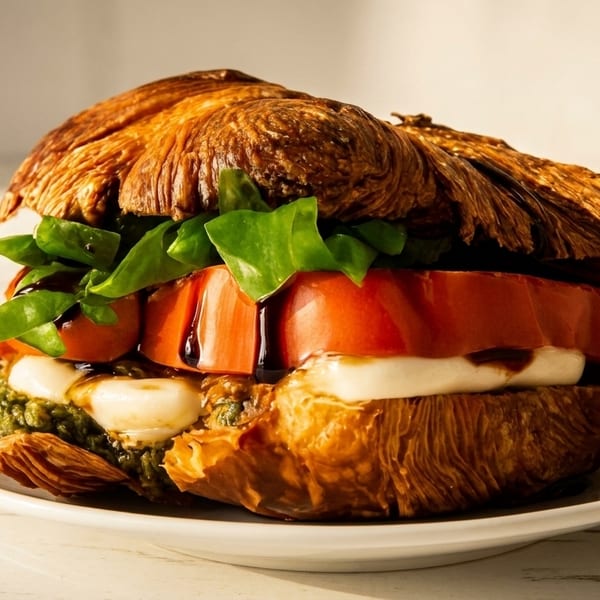 Croissant sandwich with pesto, mozzarella, tomato, and basil, drizzled with balsamic glaze.