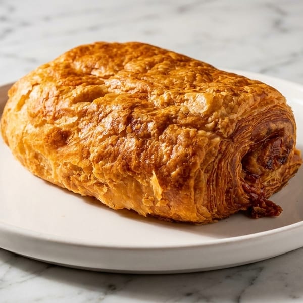 Golden-brown pain au chocolat on a white plate, set against a marble background.