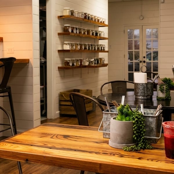 A rustic-chic cafe interior with wooden tables, metal chairs, and shelves of spices.