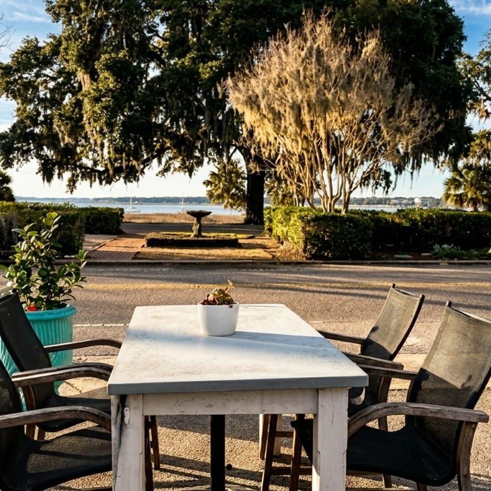 Outdoor dining table and chairs with a view of a street, trees, and water in the distance.
