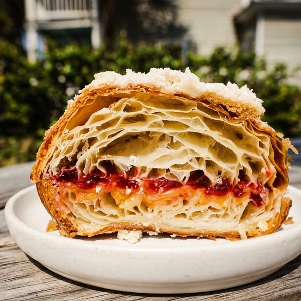 Cross-section of a flaky pastry filled with red jam and cream, on a white plate outdoors.