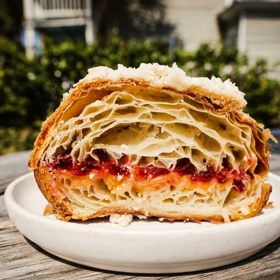 Cross-section of a flaky pastry filled with red jam and cream, on a white plate outdoors.
