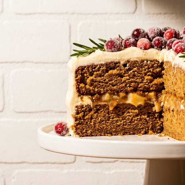 Gingerbread cake with cream cheese frosting, sugared cranberries, and rosemary on a white stand.